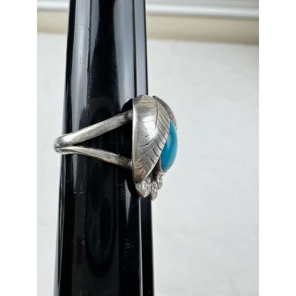 VTG Navajo Sterling Silver Turquoise Leaf Feather Ring Sz6 Old Pawn Southwestern